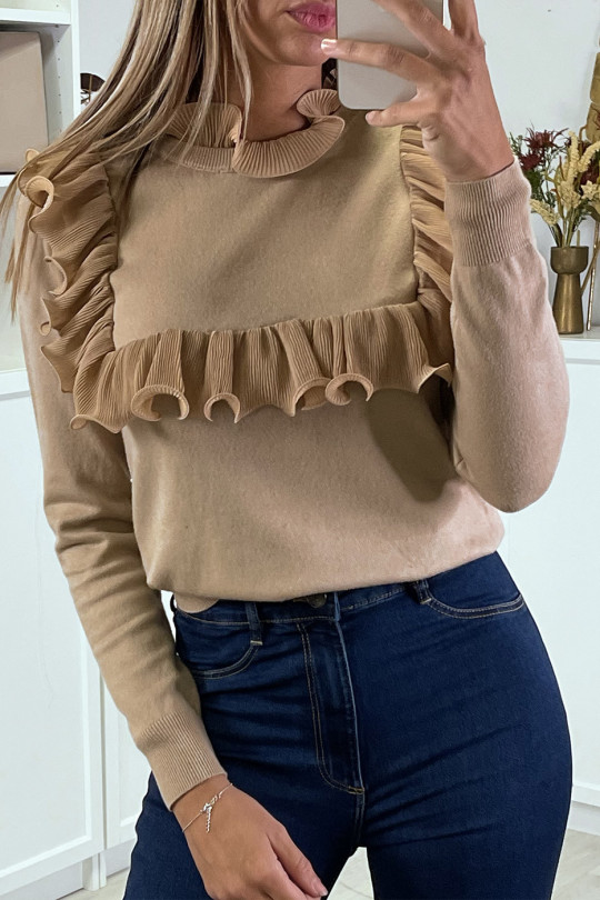 Camel sweater with ruffle front and back - 5