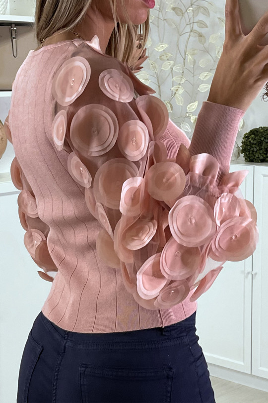 Roze geribbelde trui met tule en bloembladmouwen - 1