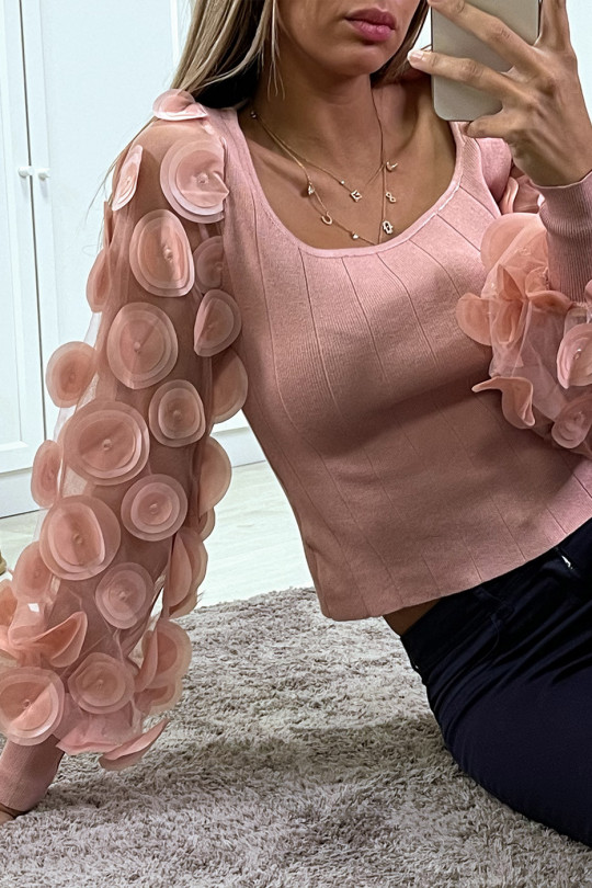 Pink ribbed sweater with tulle and petal sleeve - 2