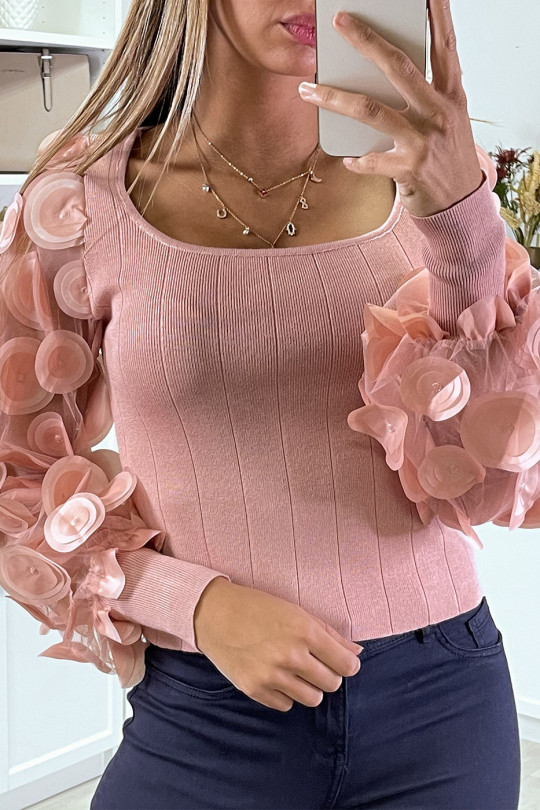 Pink ribbed sweater with tulle and petal sleeve - 6