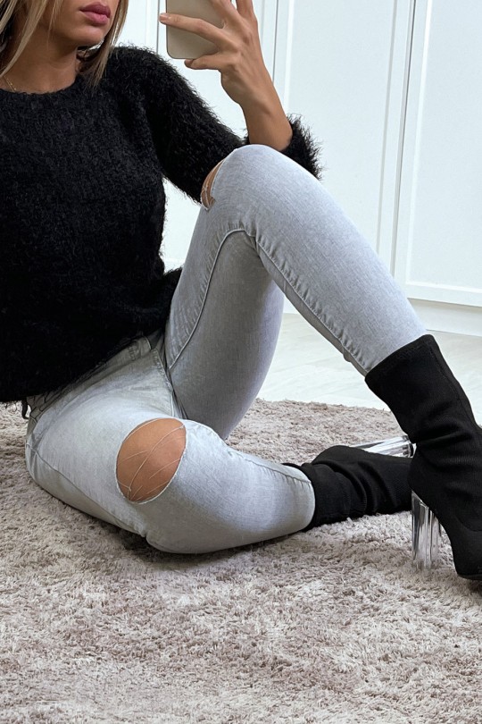 Vervaagde grijze slim jeans met veters op de knieën - 1