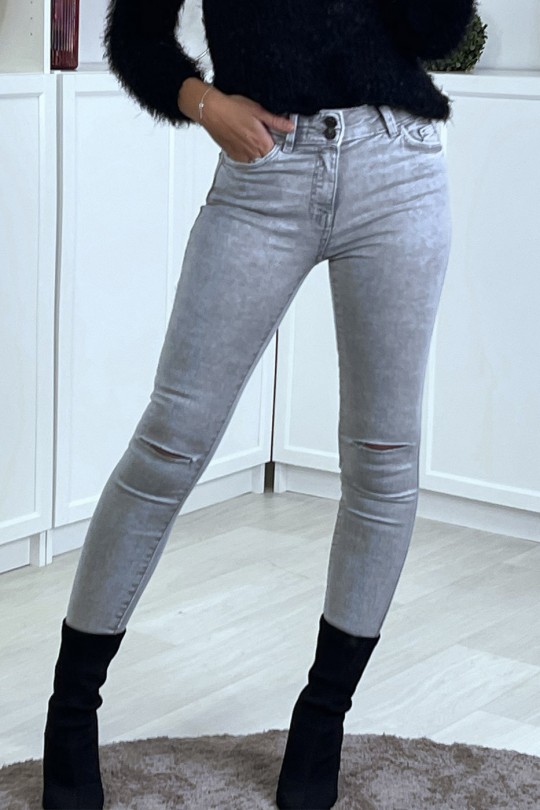 Vervaagde grijze slim jeans met veters op de knieën - 2