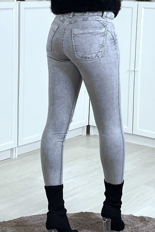 Vervaagde grijze slim jeans met veters op de knieën - 3