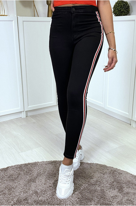 Jean slim noir taille haute à bandes sur les côtés - 3