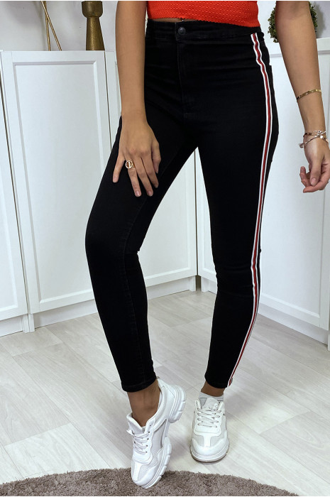 Zwarte slanke jeans met hoge taille en zijbanden - 4