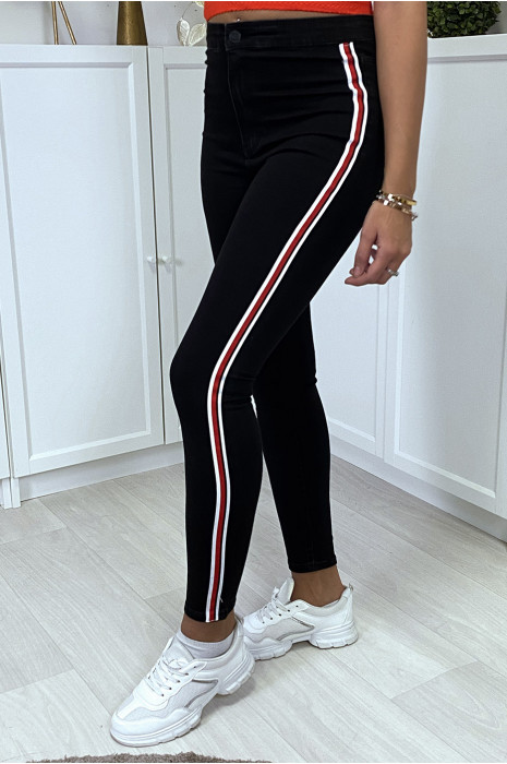 High waist black slim jeans with side bands - 6