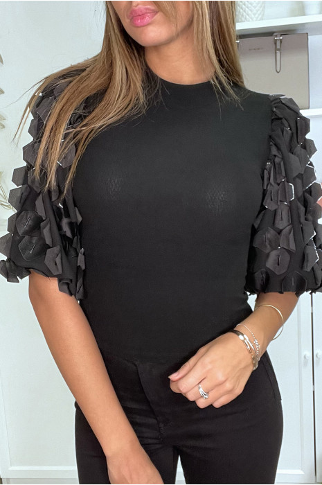 Haut noir avec manches bouffante en pétale - 6