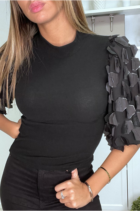 Zwarte top met pofmouwen met bloemblaadjes - 7