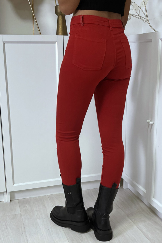 Jean slim rouge taille haute avec poches arrières - 1