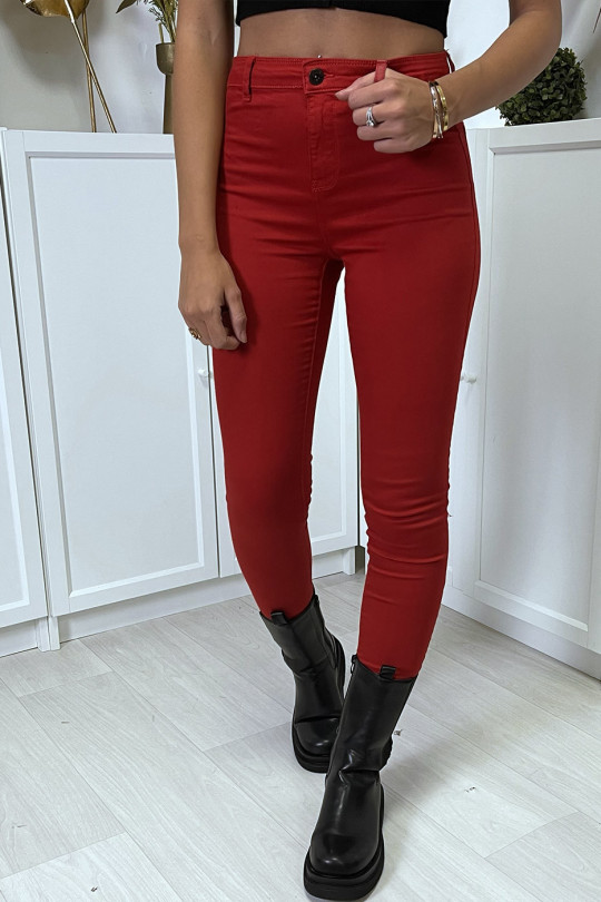 Rode slimfit jeans met hoge taille en achterzakken - 4