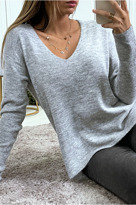 Drop and very soft sweater in gray V-neck with braid on the back - 3