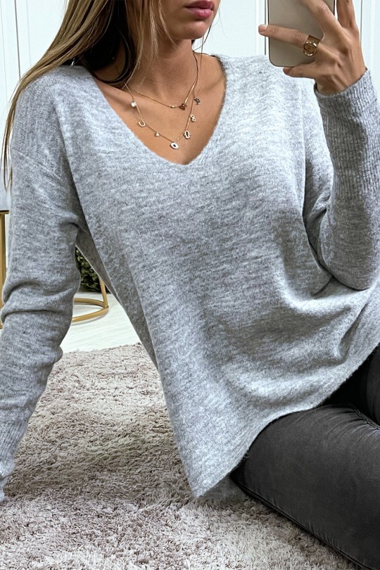 Drop and very soft sweater in gray V-neck with braid on the back - 3
