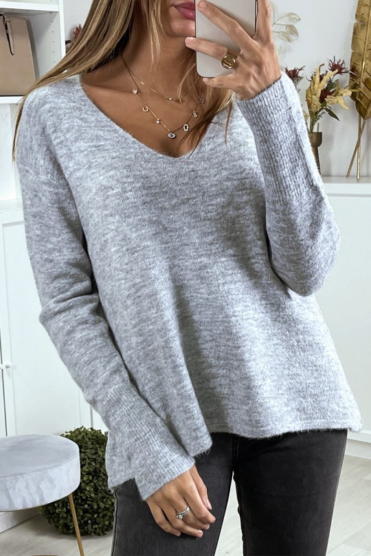 Drop and very soft sweater in gray V-neck with braid on the back - 6