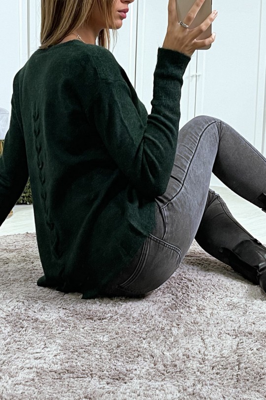 Vallende en hele zachte sweater in groene V-hals met vlecht op de rug - 2