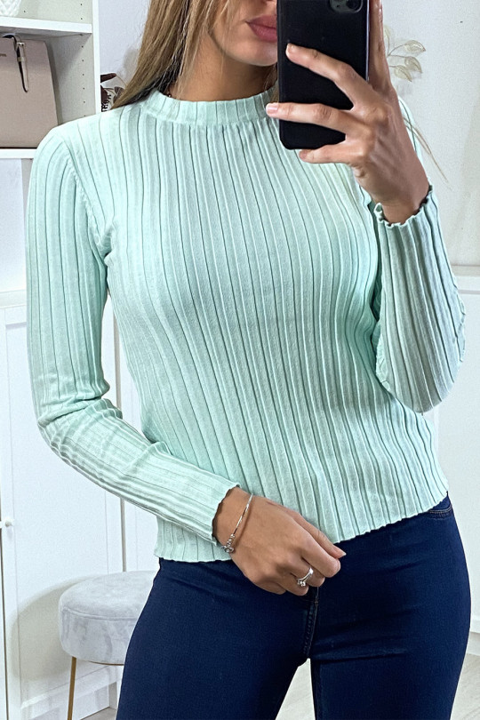Zeer zachte geribbelde turquoise sweater met opstaande kraag - 1