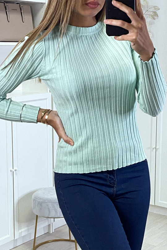 Zeer zachte geribbelde turquoise sweater met opstaande kraag - 2