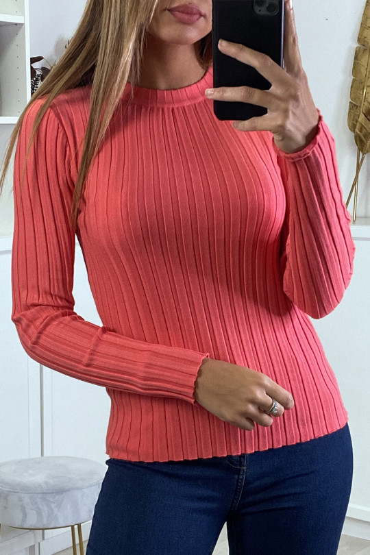 Very soft ribbed coral sweater with high neck - 1