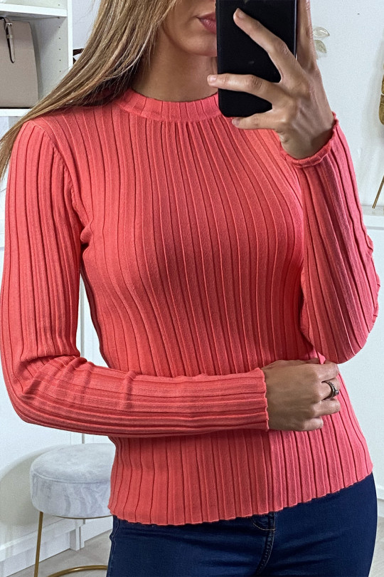Very soft ribbed coral sweater with high neck - 2