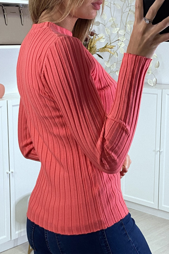 Very soft ribbed coral sweater with high neck - 5