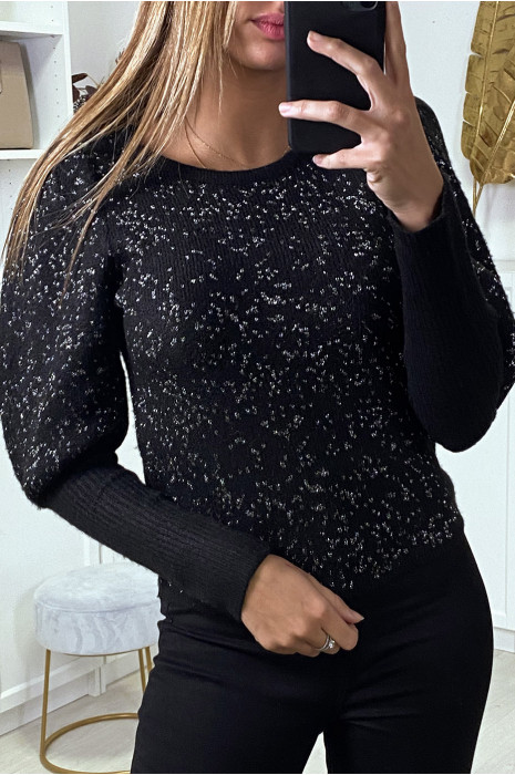 Fluffy zwarte sweater met glanzende draad en cinched mouwen - 1