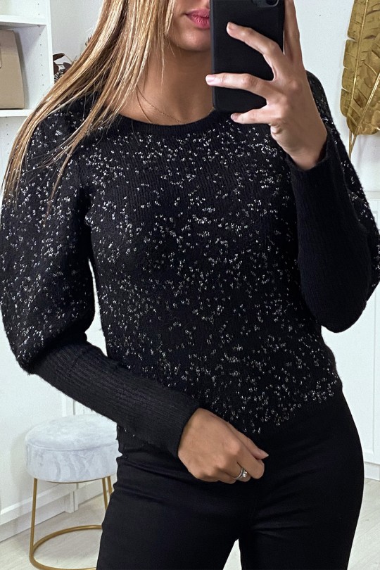Fluffy black sweater with shiny thread and cinched sleeves - 1