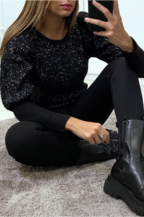 Fluffy black sweater with shiny thread and cinched sleeves - 3