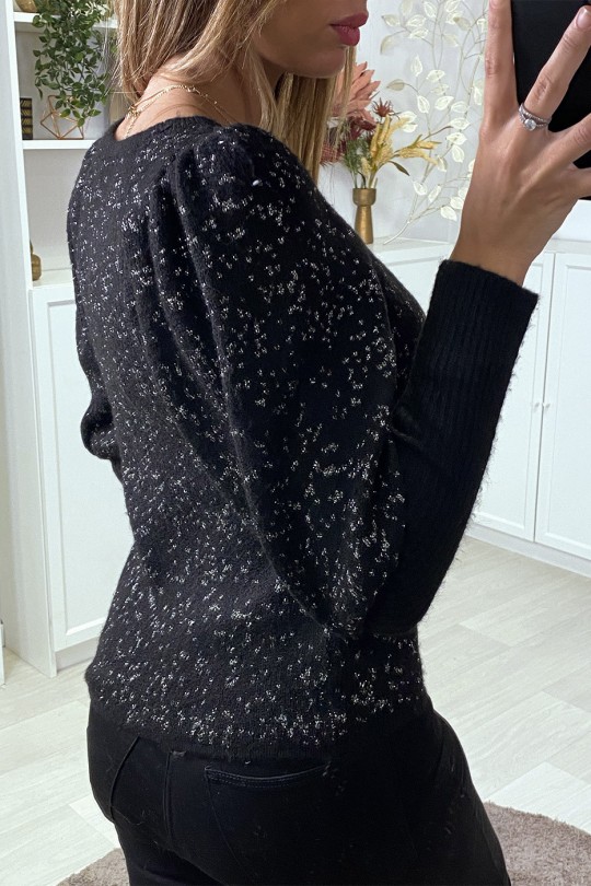 Fluffy zwarte sweater met glanzende draad en cinched mouwen - 6