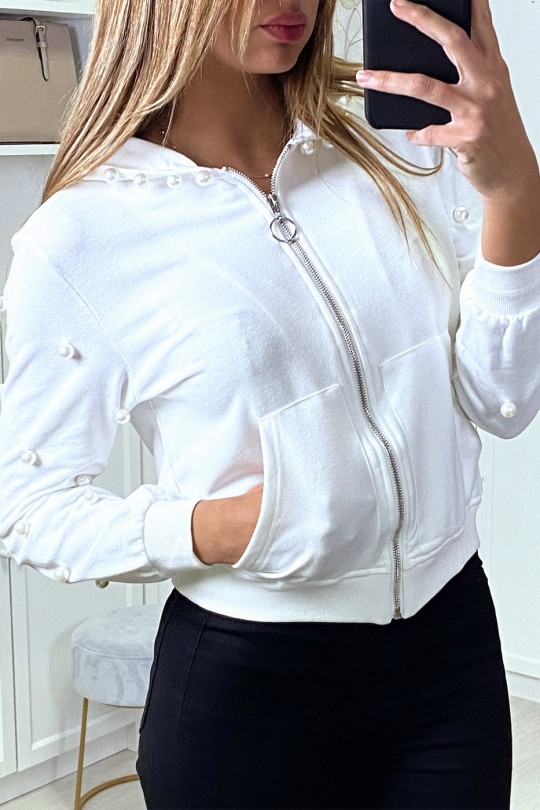 Wit sweatshirt met capuchon en parels - 2