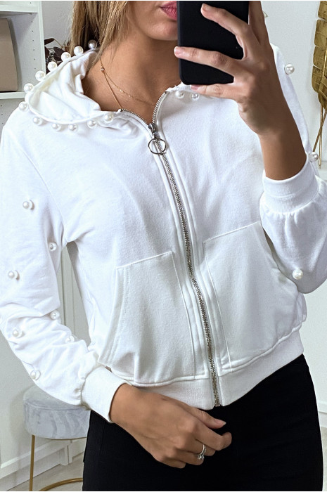 White hooded sweatshirt jacket with pearls - 5