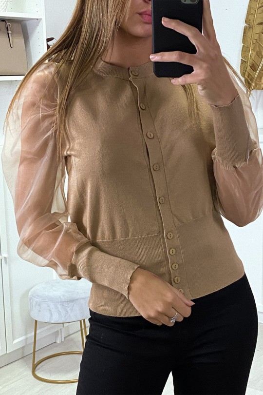 Camel cardigan with transparent sleeves in tulle - 1