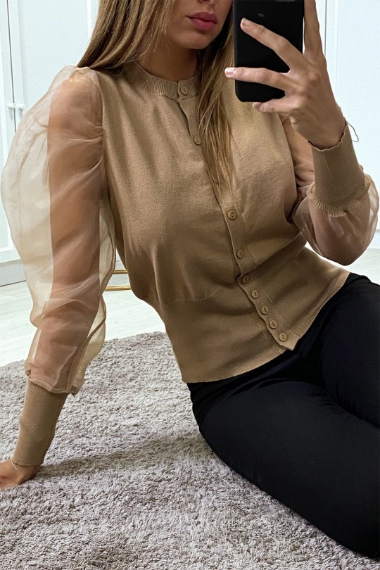 Camel cardigan with transparent sleeves in tulle - 3
