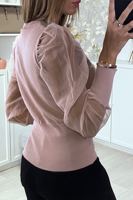 Pink tulle cardigan with transparent sleeves - 4