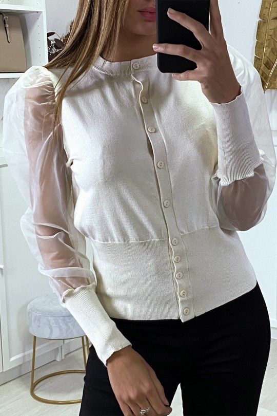 Beige cardigan with transparent sleeves in tulle - 1