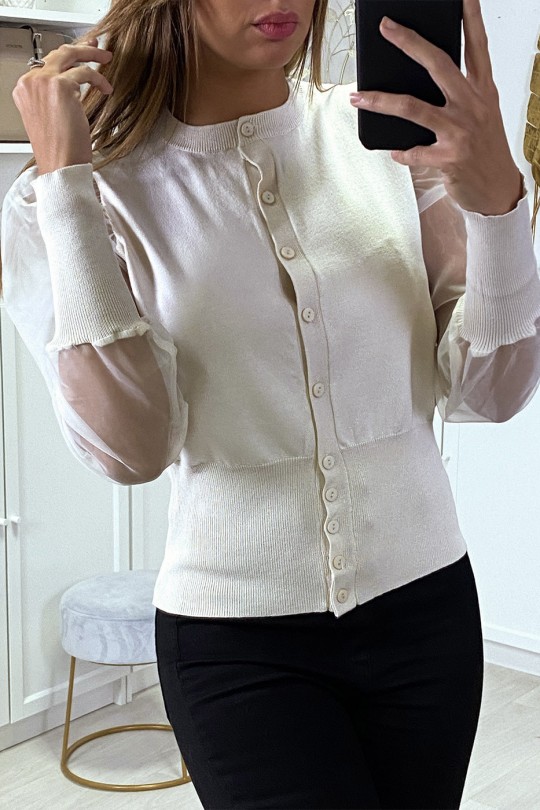Beige cardigan with transparent sleeves in tulle - 2