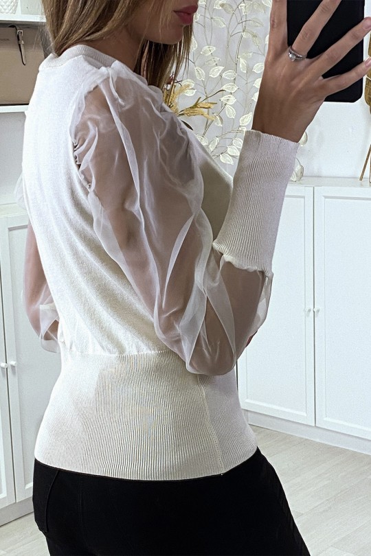 Beige cardigan with transparent sleeves in tulle - 3