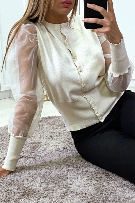 Beige cardigan with transparent sleeves in tulle - 4