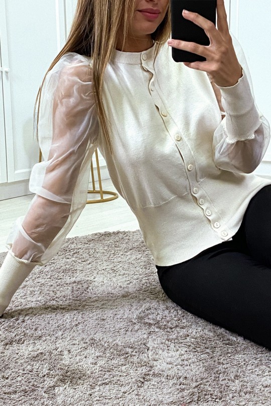 Beige cardigan with transparent sleeves in tulle - 5