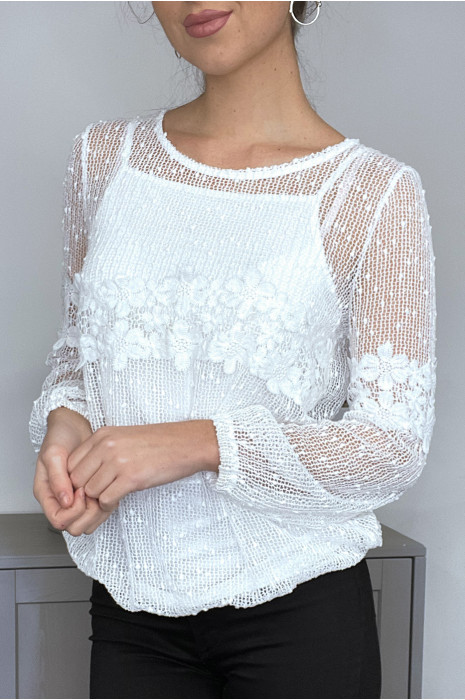 Blouse blanche à dentelle doublé débardeur - 1
