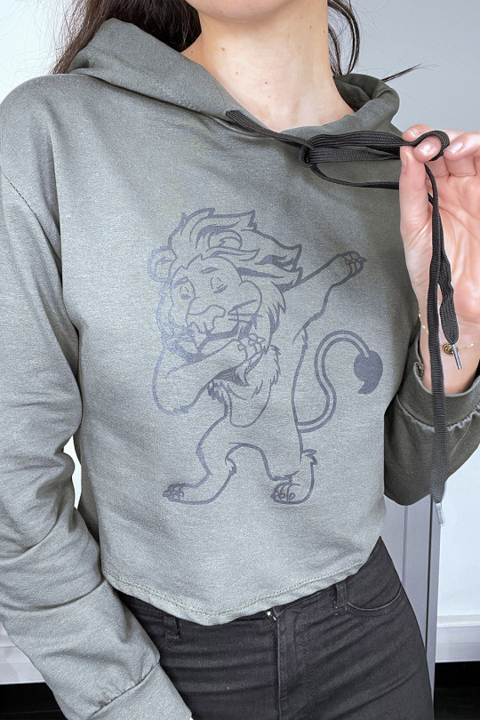 Sweat à capuche kaki avec dessin lion - 4