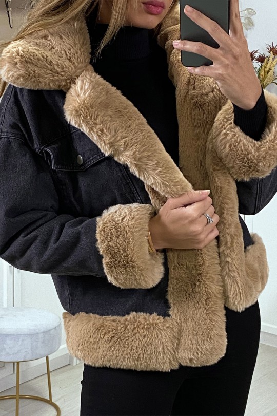Black denim jacket with camel faux fur - 2