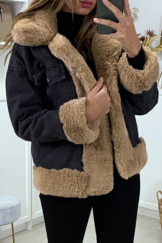 Black denim jacket with camel faux fur - 7