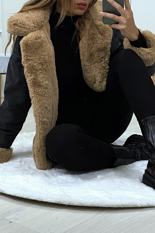Black denim jacket with camel faux fur - 9
