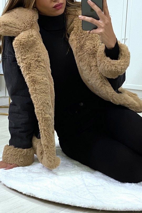 Black denim jacket with camel faux fur - 10