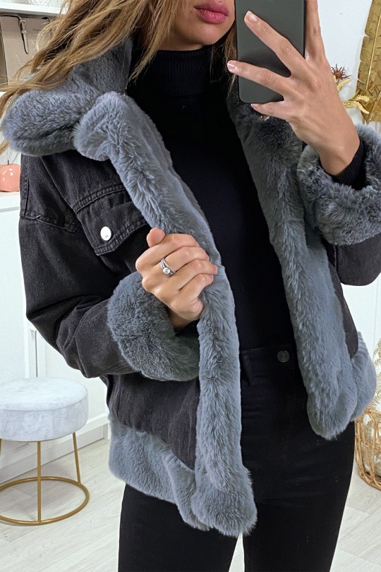 Black denim jacket with gray faux fur - 6