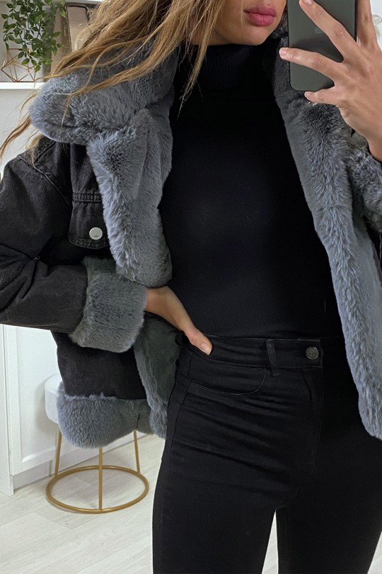 Black denim jacket with gray faux fur - 7