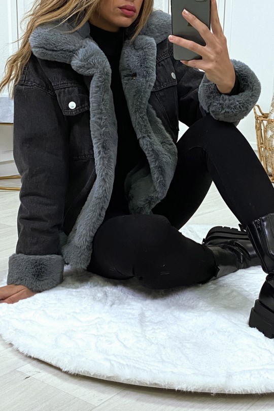 Black denim jacket with gray faux fur - 9