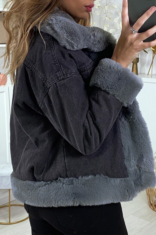 Black denim jacket with gray faux fur - 10