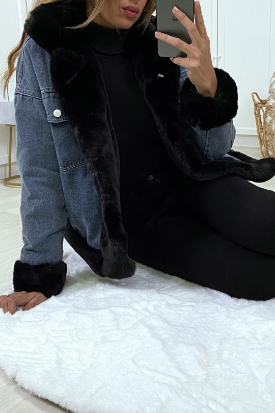 Veste en jean bleue à fausse fourrure noire - 6