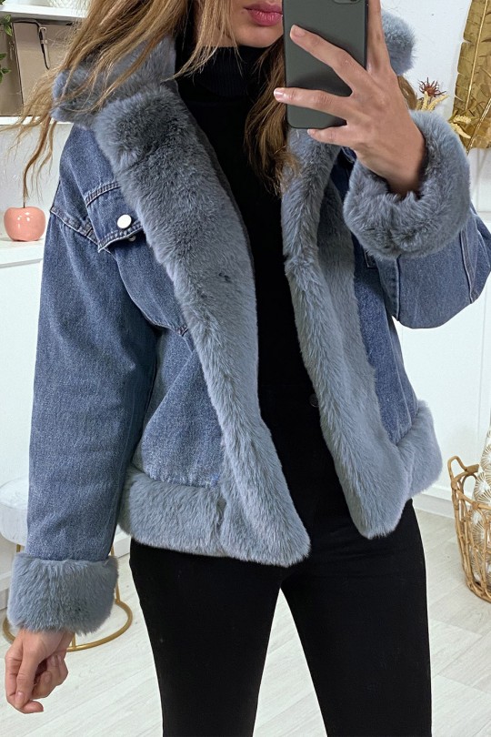 Blue denim jacket with gray faux fur - 1