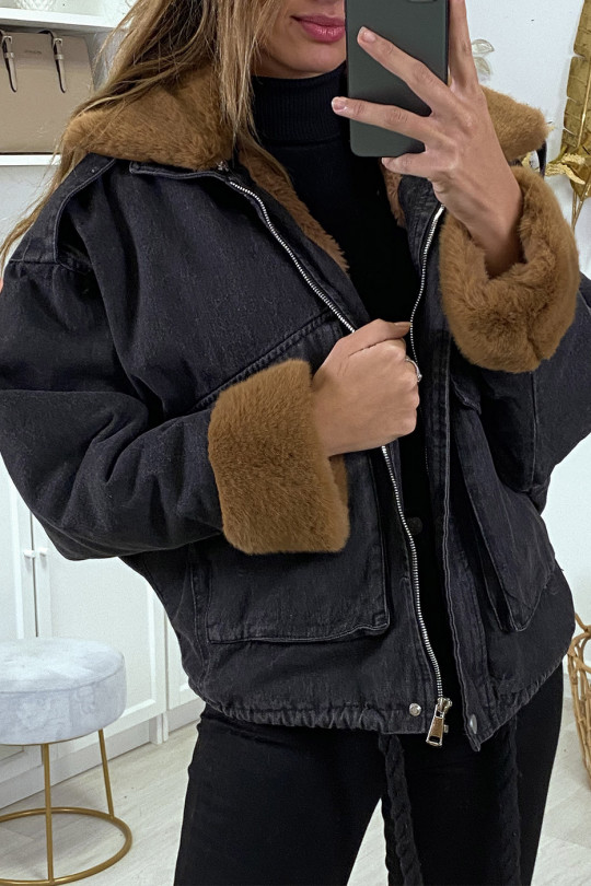 Black denim jacket with camel faux fur - 1
